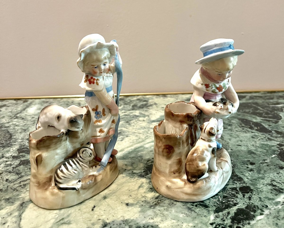 Deux pyrogènes en porcelaine fillettes fin XIXème-photo-6