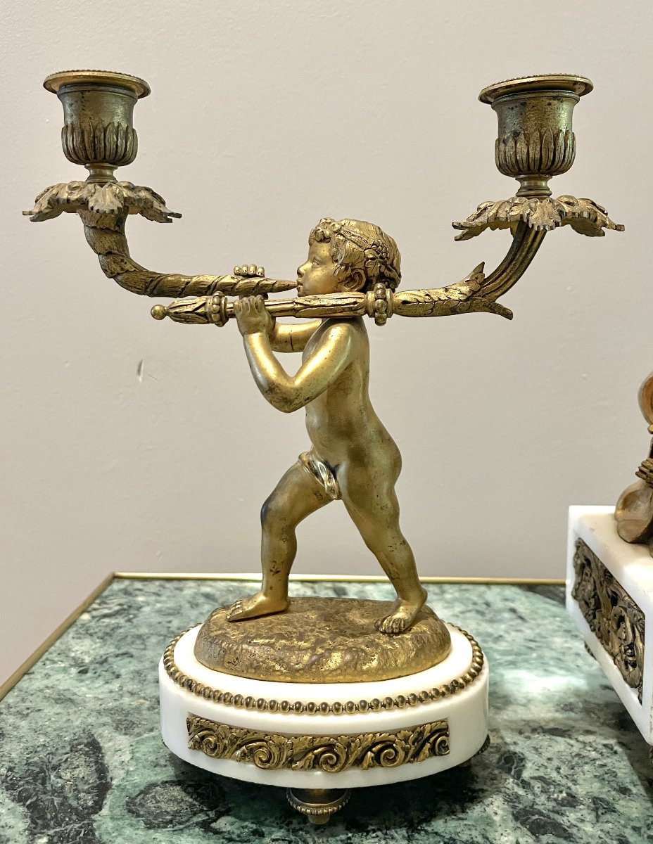 Louis XVI Style Gilt Bronze And White Marble Mantelpiece Set-photo-2