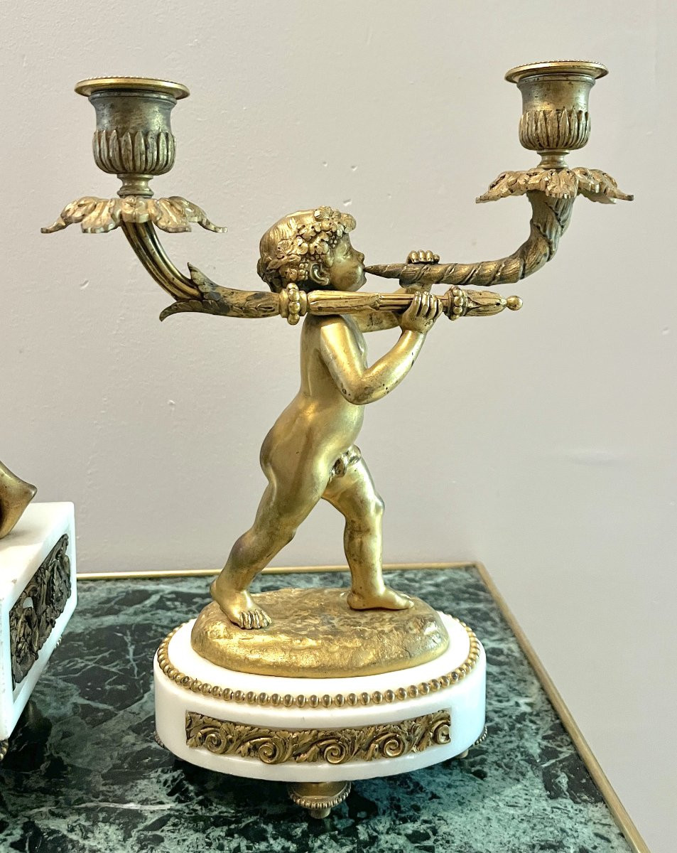 Louis XVI Style Gilt Bronze And White Marble Mantelpiece Set-photo-3