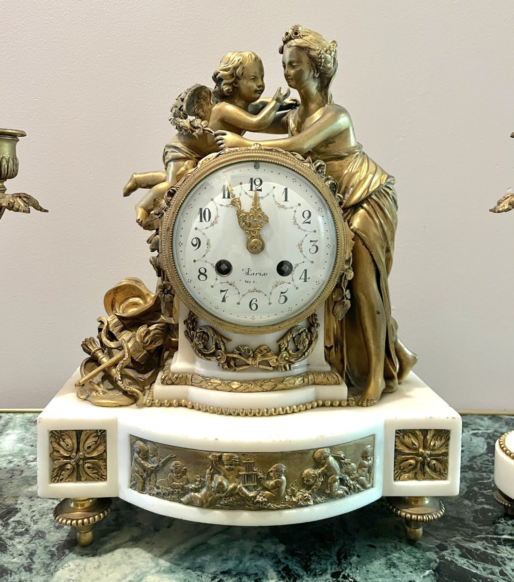 Louis XVI Style Gilt Bronze And White Marble Mantelpiece Set-photo-4