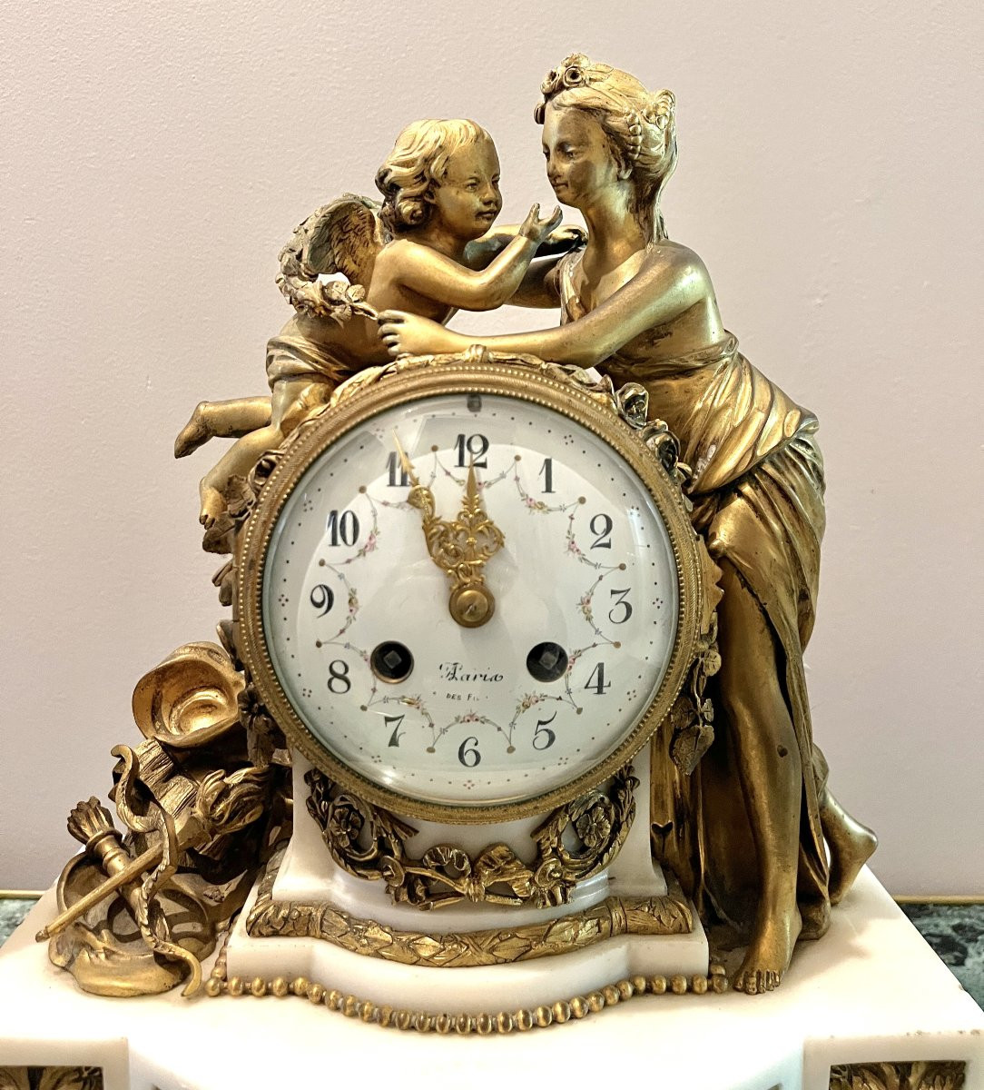 Louis XVI Style Gilt Bronze And White Marble Mantelpiece Set-photo-2