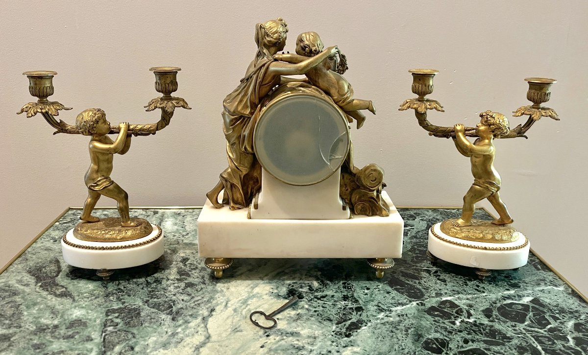 Louis XVI Style Gilt Bronze And White Marble Mantelpiece Set-photo-3