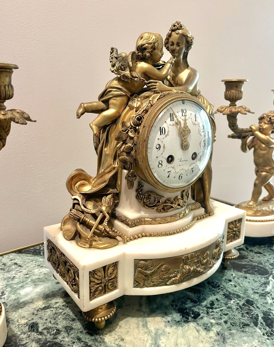 Louis XVI Style Gilt Bronze And White Marble Mantelpiece Set-photo-6