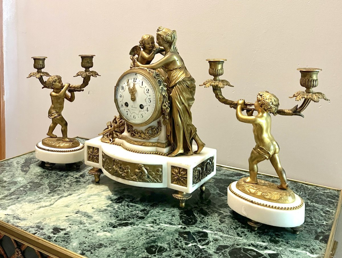 Louis XVI Style Gilt Bronze And White Marble Mantelpiece Set-photo-7