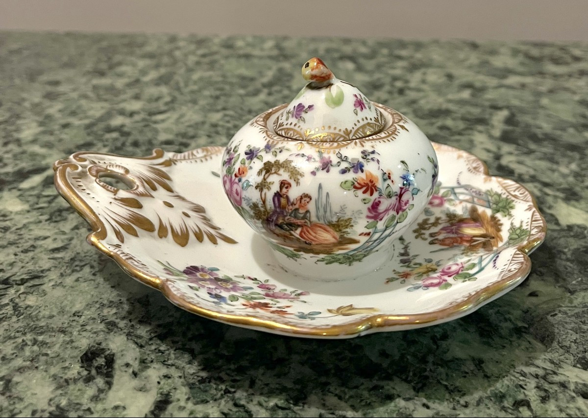 Dresden Polychrome Porcelain Inkwell