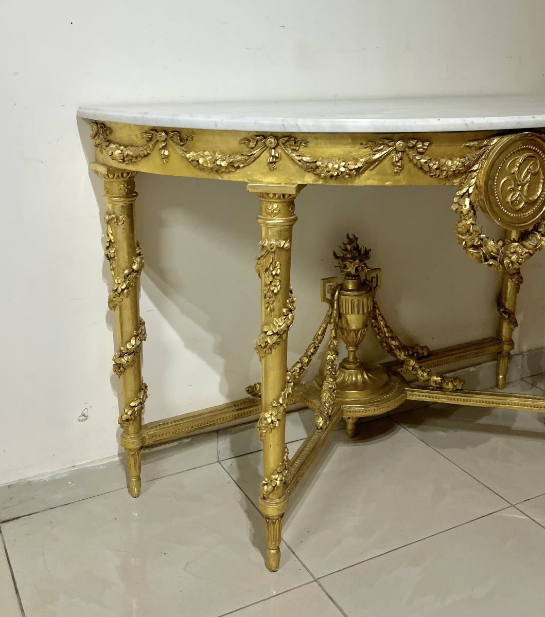 Important Louis XVI Gilded Wood Half-moon Console-photo-3