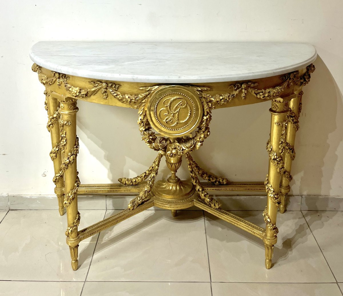 Important Louis XVI Gilded Wood Half-moon Console-photo-1
