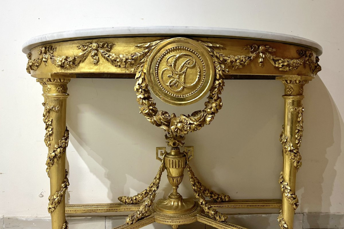 Important Louis XVI Gilded Wood Half-moon Console-photo-5
