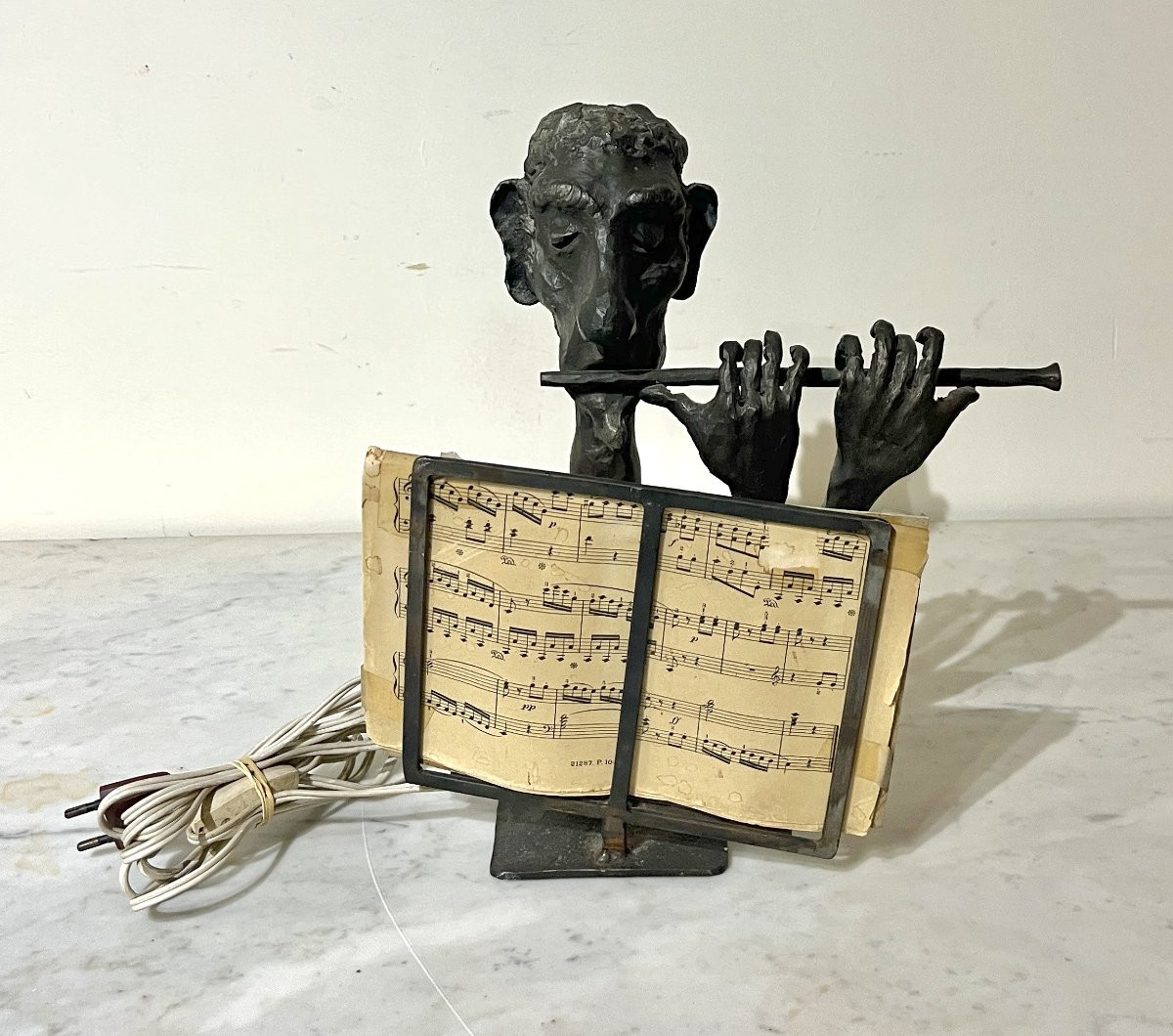 Caricature Lamp Of A Flute Player In Patinated Metal-photo-2