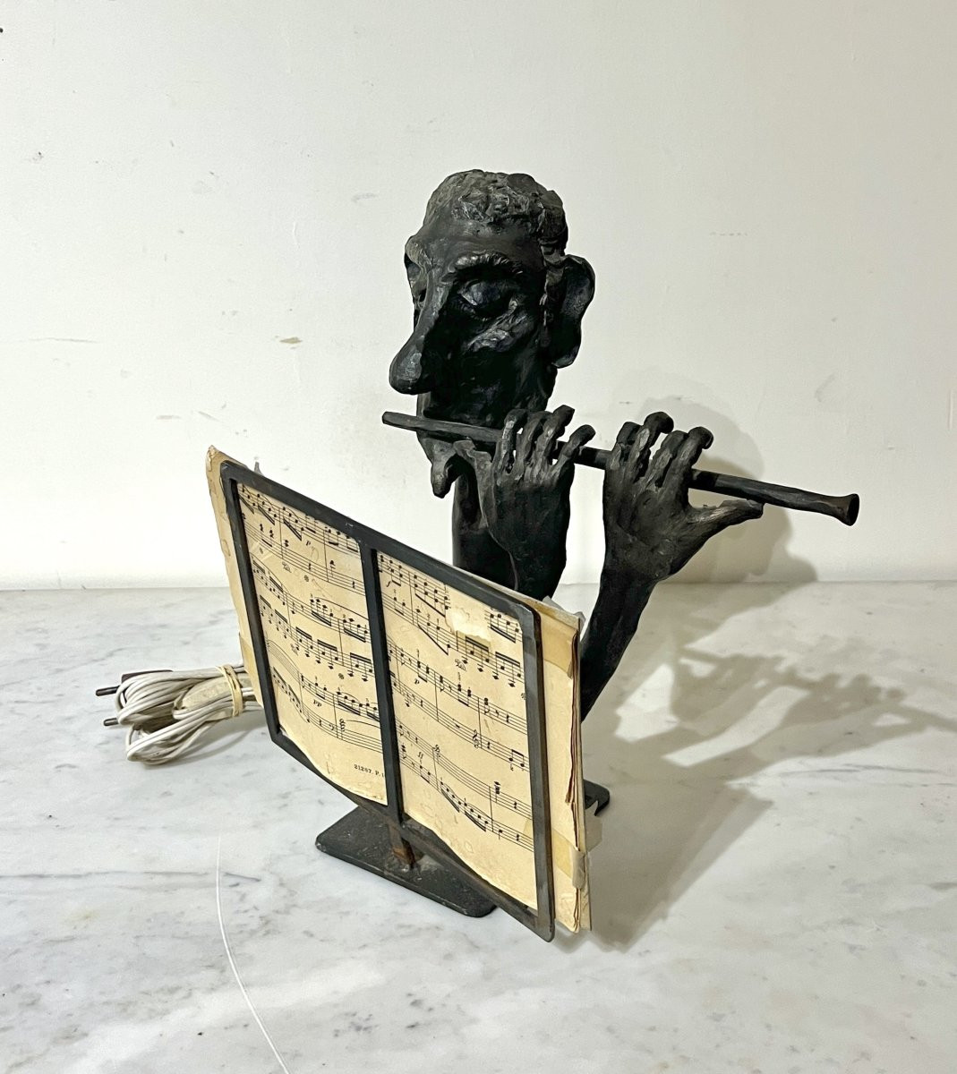 Caricature Lamp Of A Flute Player In Patinated Metal-photo-3