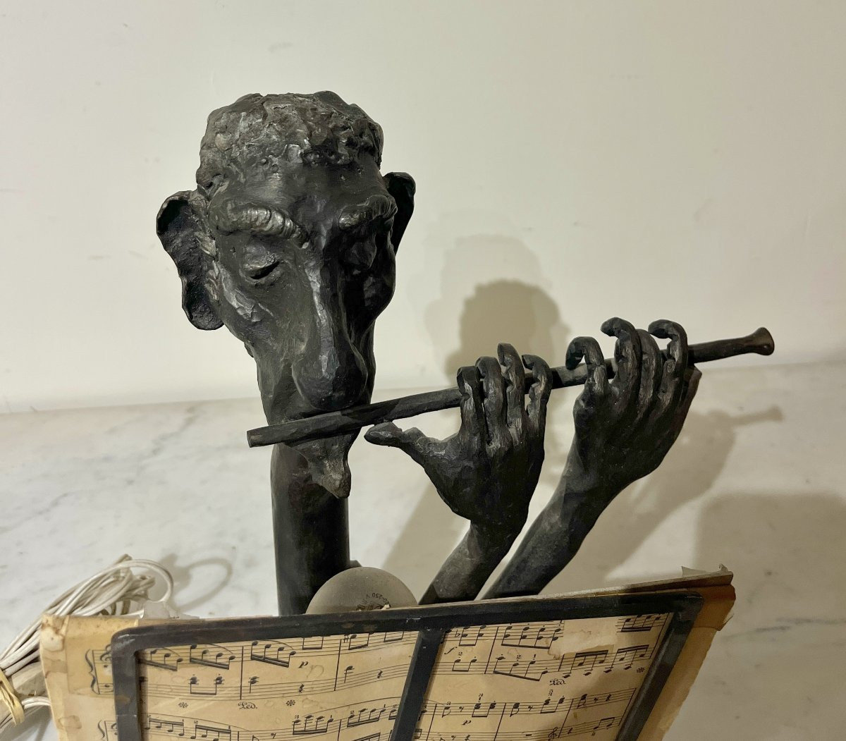 Caricature Lamp Of A Flute Player In Patinated Metal-photo-4