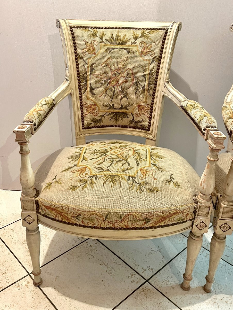 Pair Of Directoire-style Armchairs With Needlepoint Upholstery-photo-2