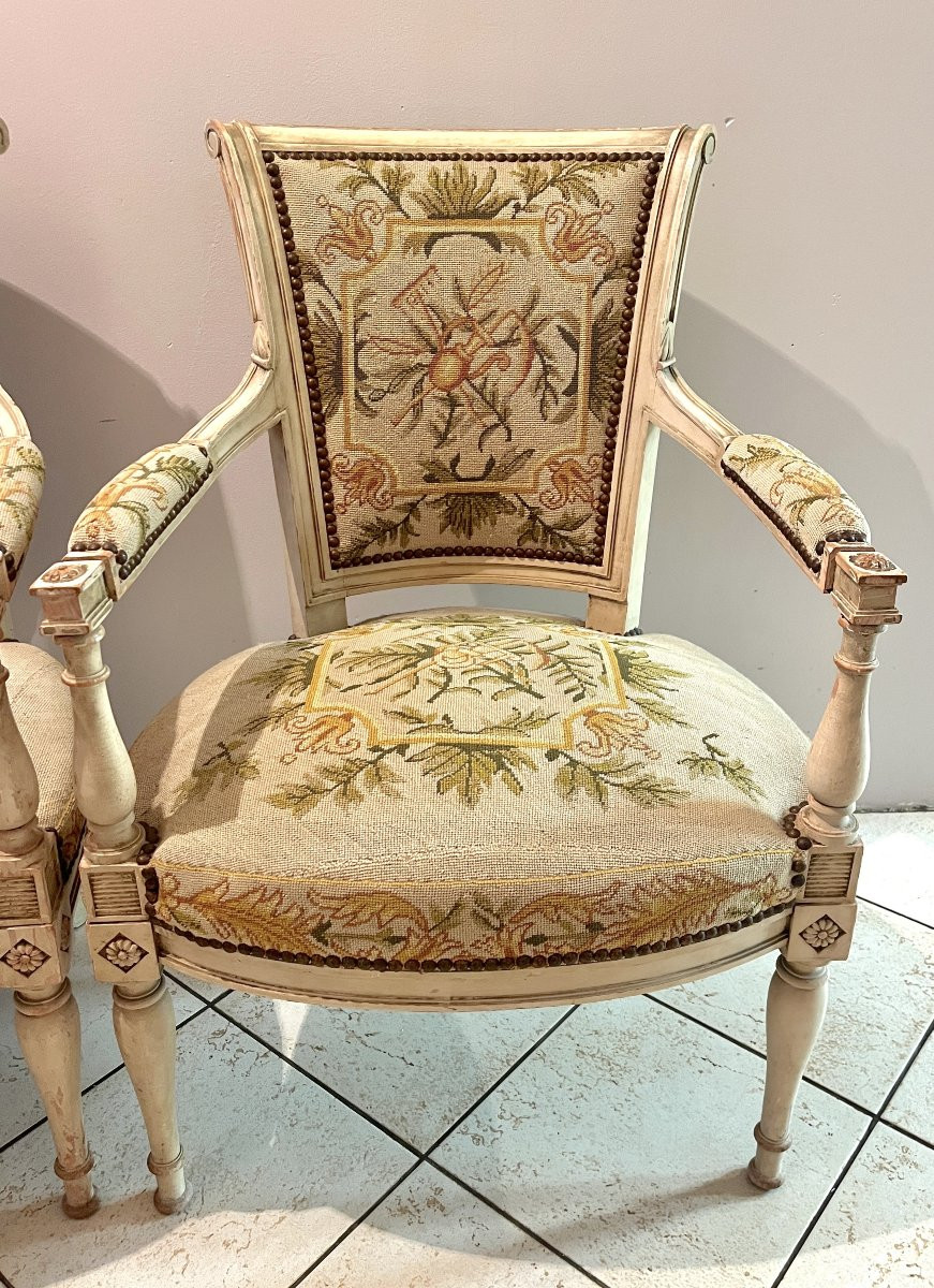 Pair Of Directoire-style Armchairs With Needlepoint Upholstery-photo-3