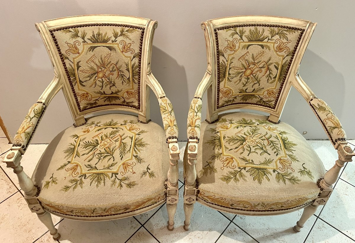 Pair Of Directoire-style Armchairs With Needlepoint Upholstery-photo-4