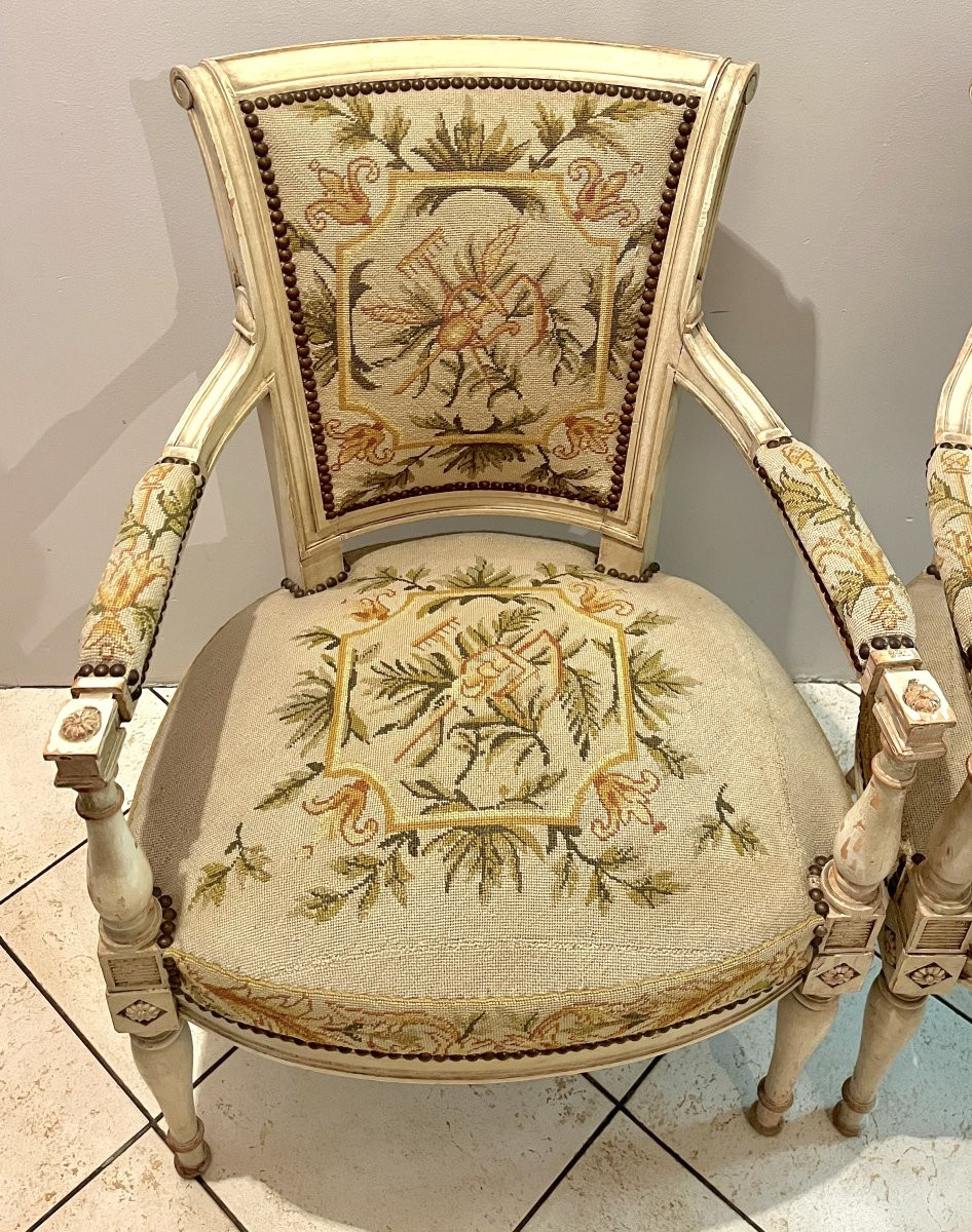Pair Of Directoire-style Armchairs With Needlepoint Upholstery-photo-1