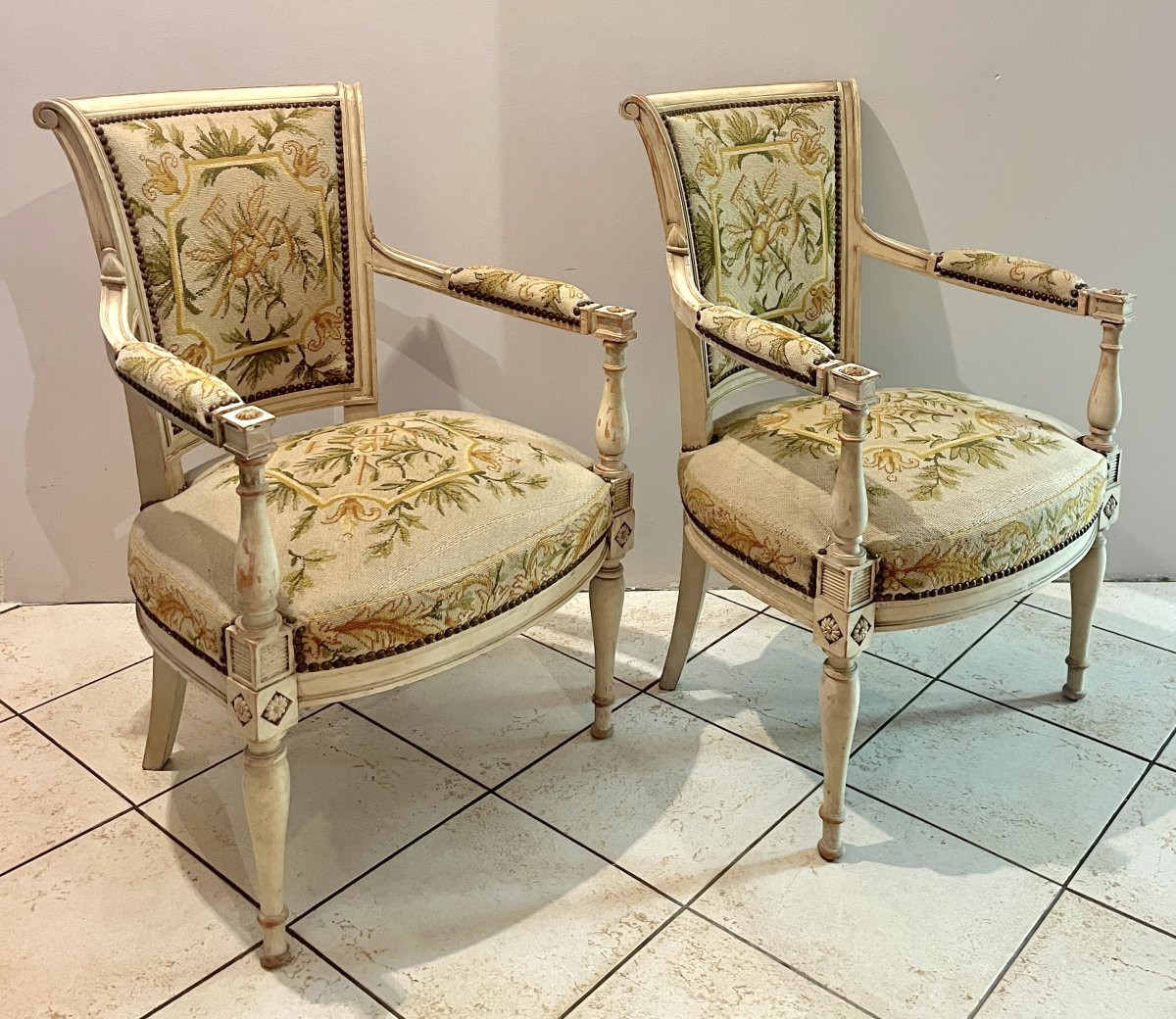 Pair Of Directoire-style Armchairs With Needlepoint Upholstery-photo-3