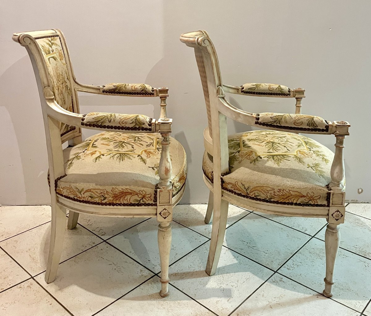 Pair Of Directoire-style Armchairs With Needlepoint Upholstery-photo-4