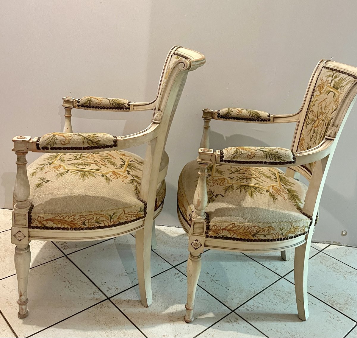 Pair Of Directoire-style Armchairs With Needlepoint Upholstery-photo-6
