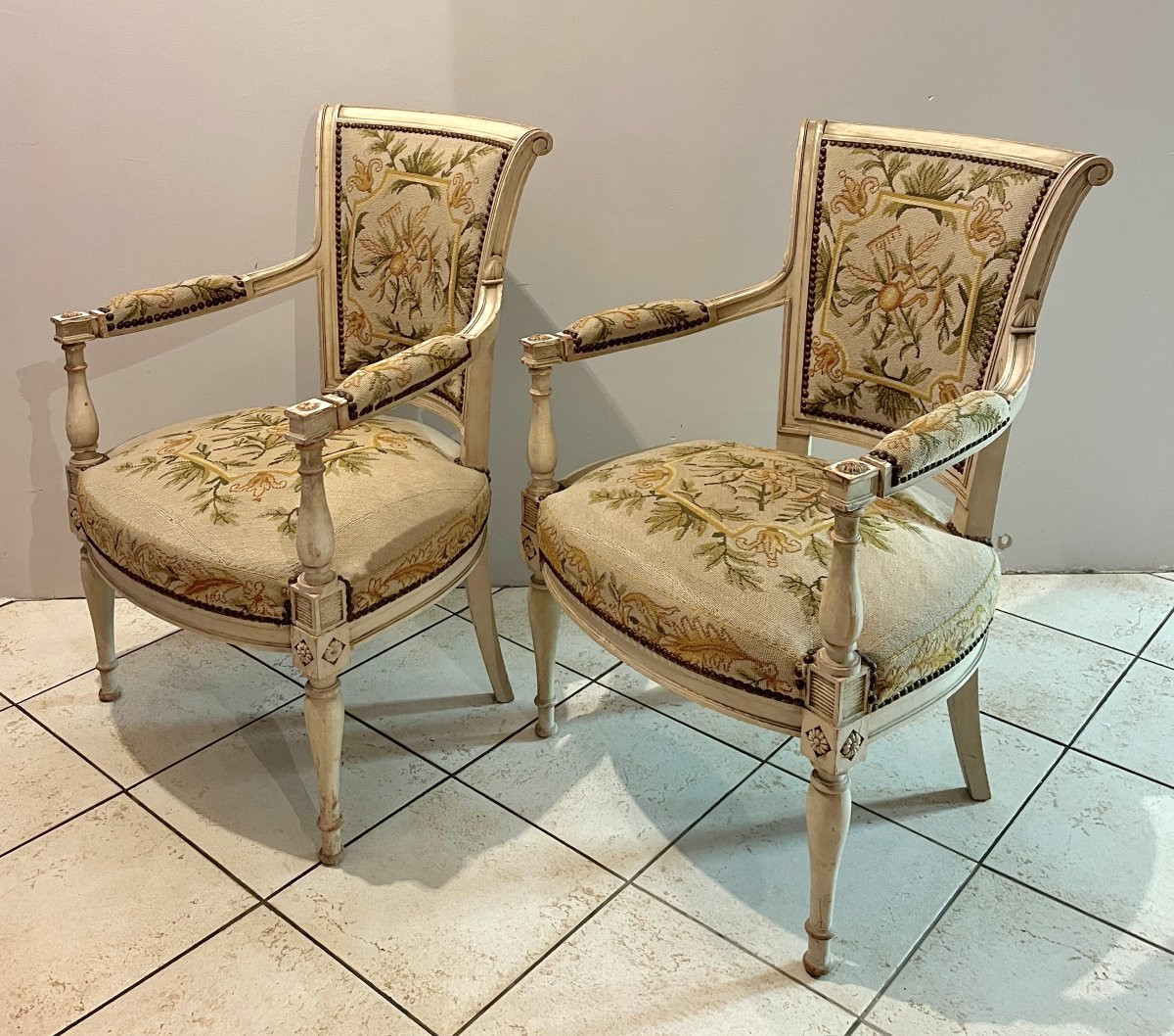 Pair Of Directoire-style Armchairs With Needlepoint Upholstery-photo-7
