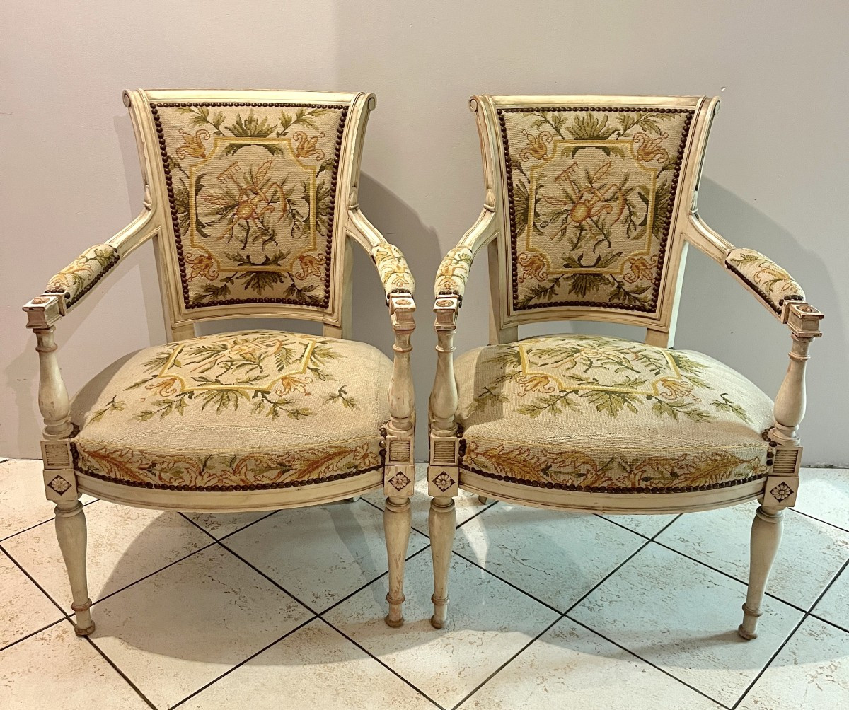 Pair Of Directoire-style Armchairs With Needlepoint Upholstery