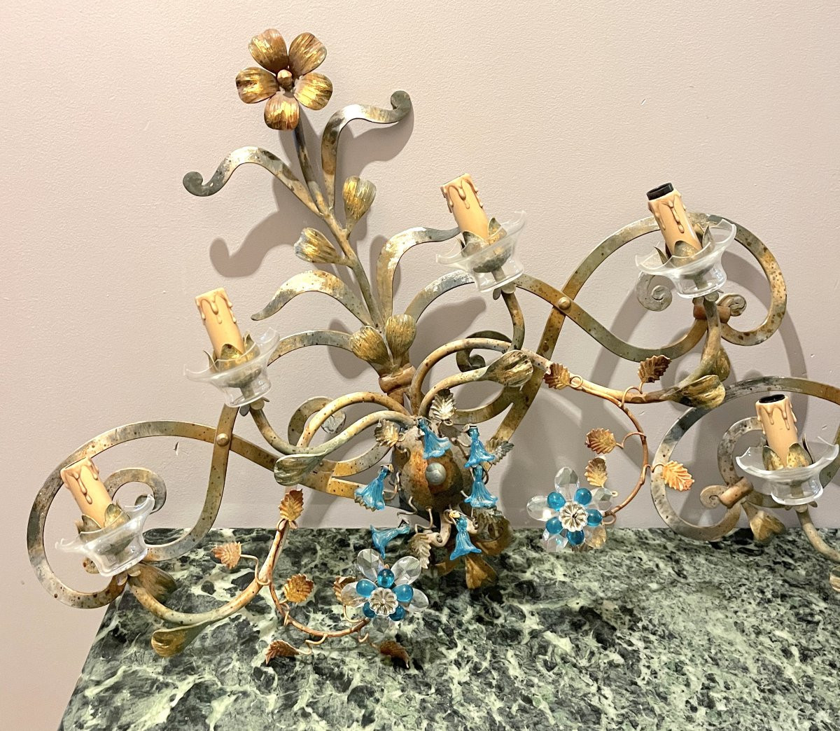 Large Pair Of Patinated Wrought Iron Wall Sconces-photo-2