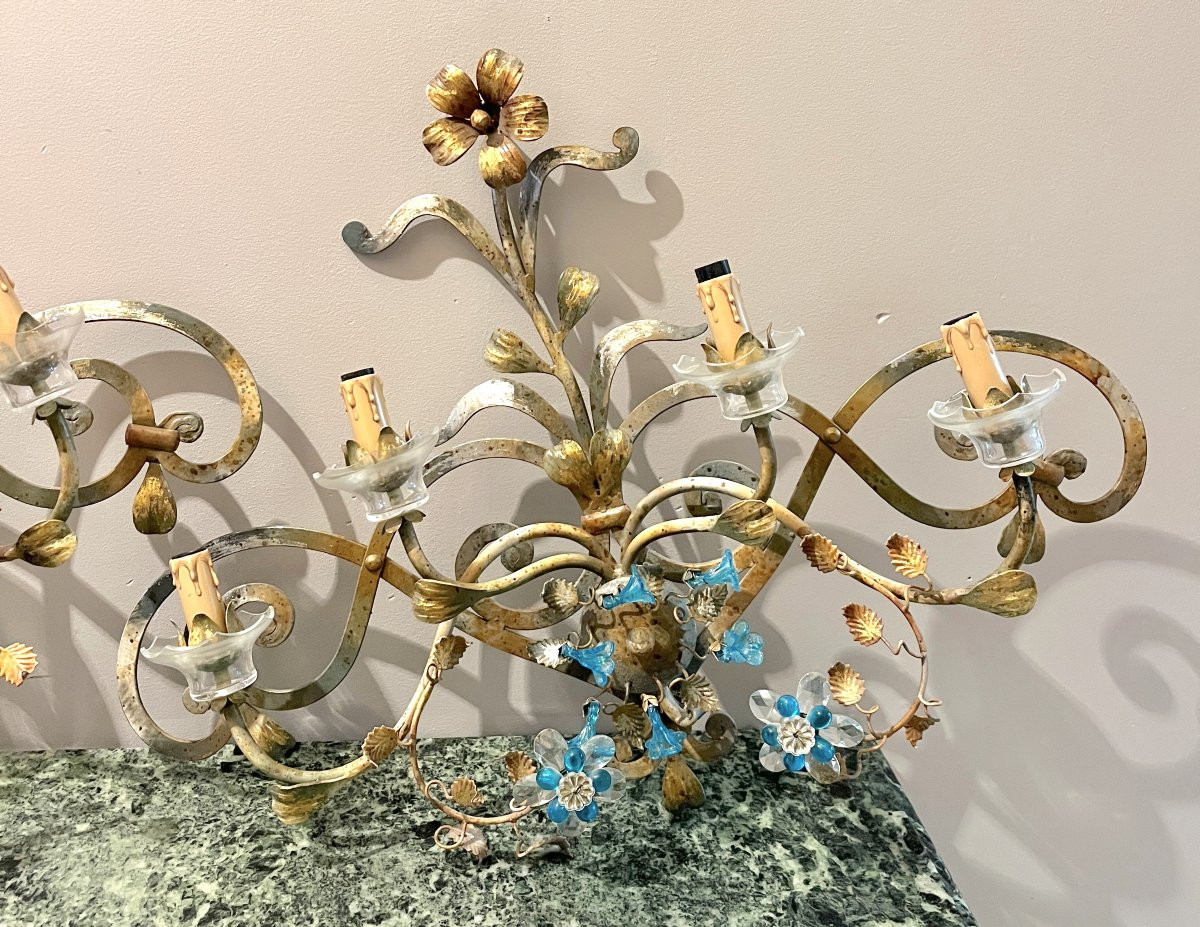 Large Pair Of Patinated Wrought Iron Wall Sconces-photo-3