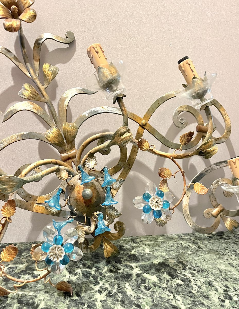 Large Pair Of Patinated Wrought Iron Wall Sconces-photo-2