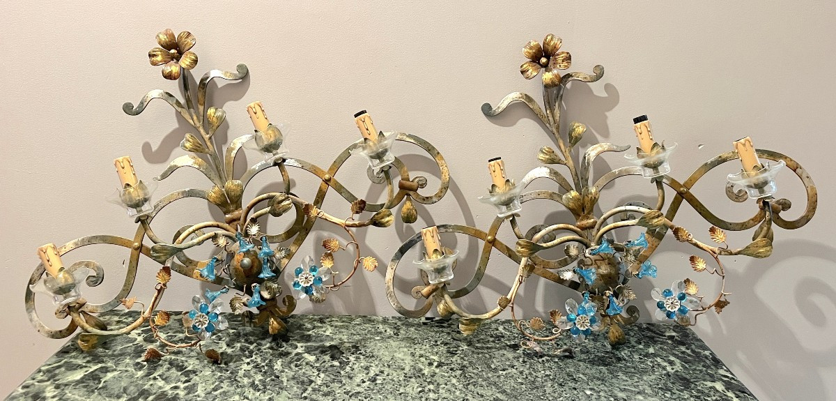 Large Pair Of Patinated Wrought Iron Wall Sconces