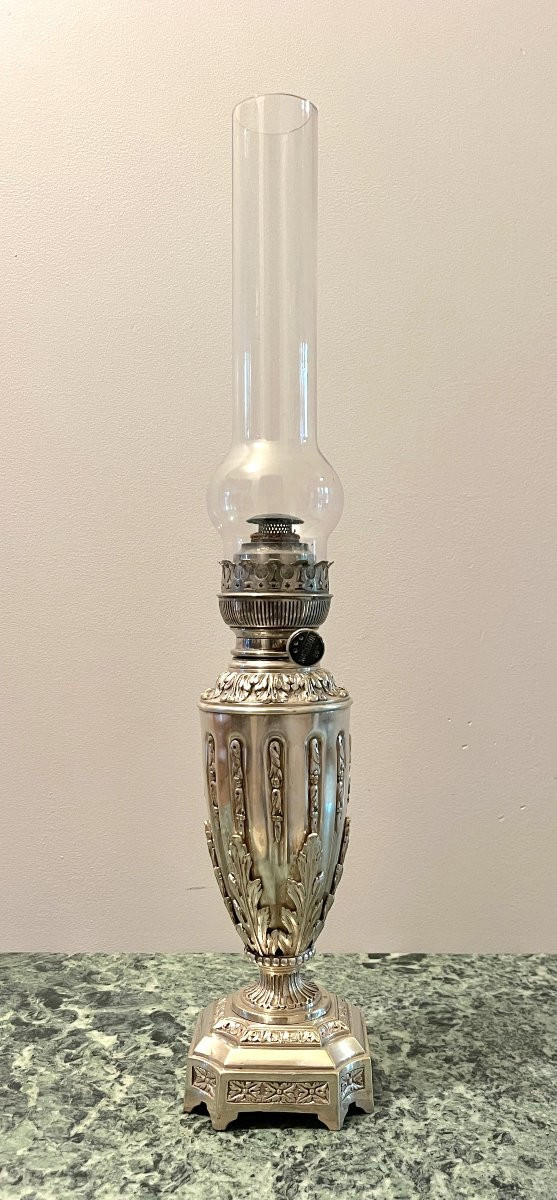 Oil Lamp In The Louis XVI Style, Silvered Bronze, Late 19th Century-photo-3