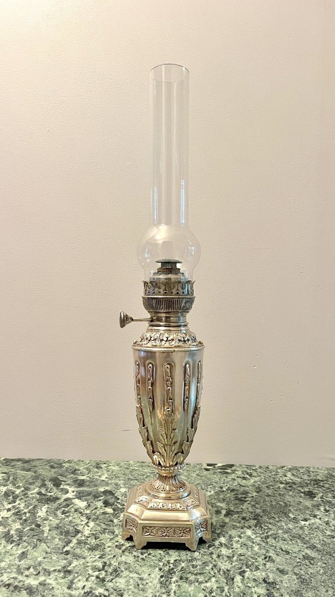 Oil Lamp In The Louis XVI Style, Silvered Bronze, Late 19th Century-photo-4