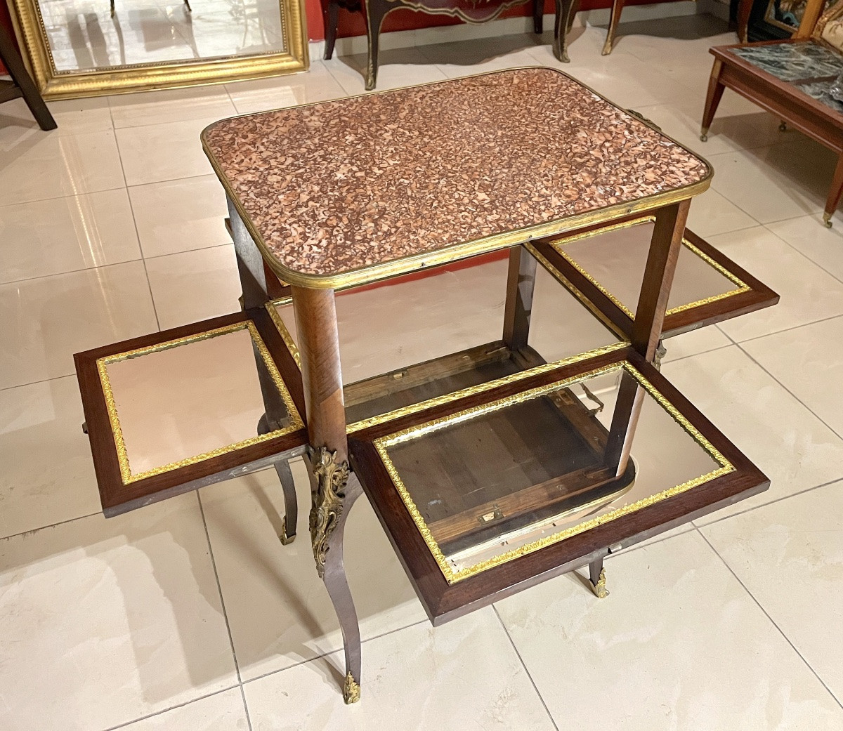 Marquetry Coffee Table Forming A Bar Transitional Style 20ty Century-photo-2