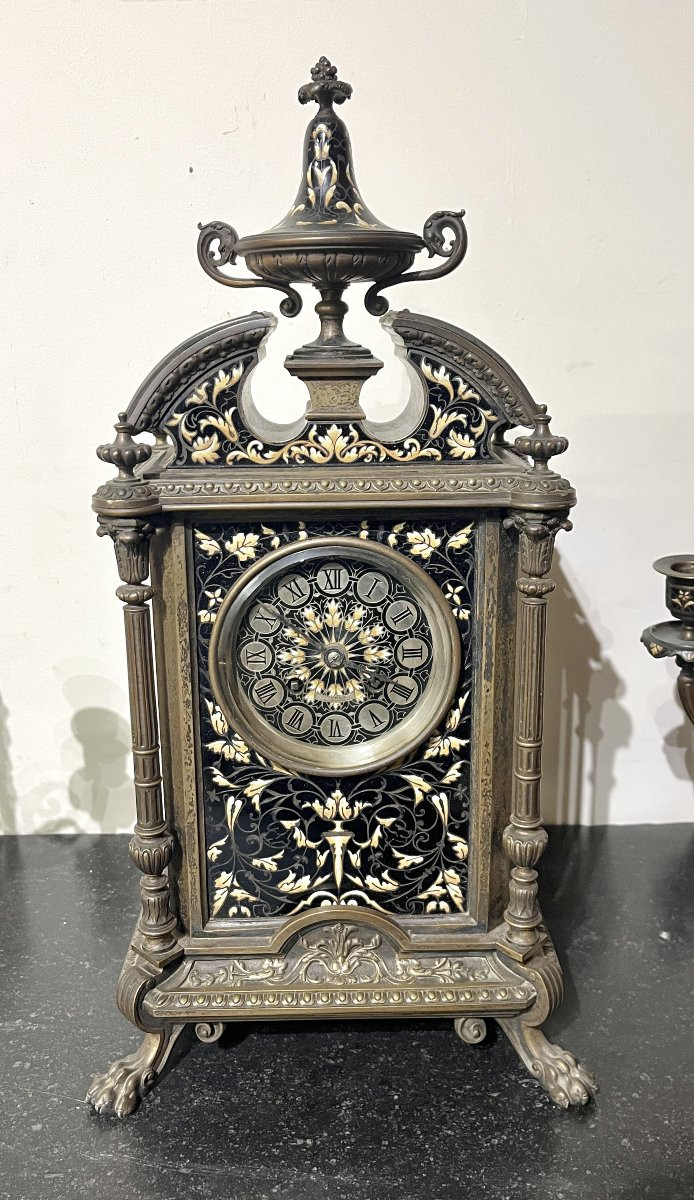 19th Century Bronze And Enamel Clock Set-photo-2