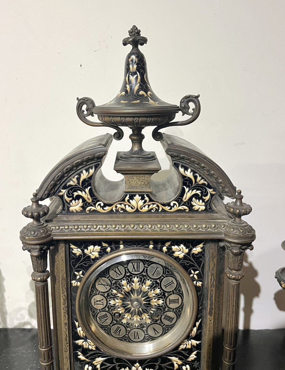 19th Century Bronze And Enamel Clock Set-photo-3