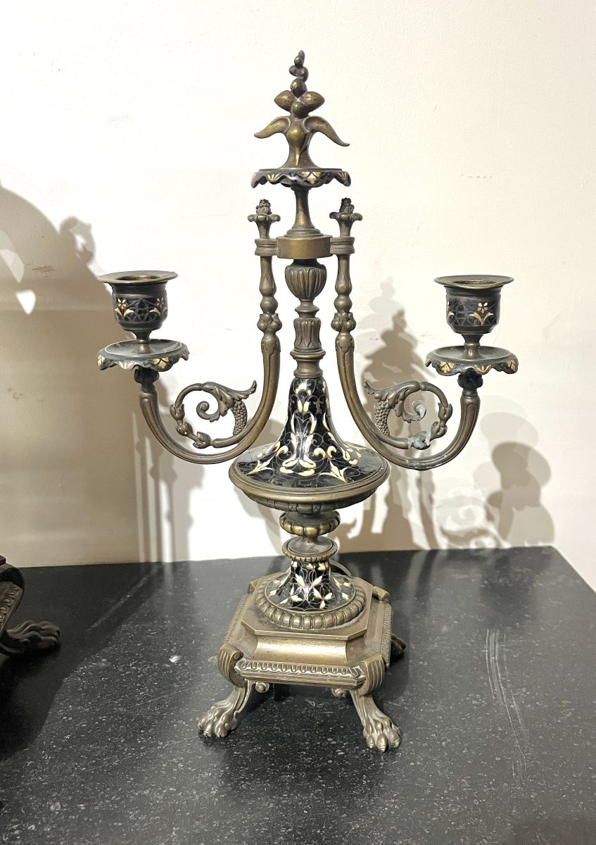 19th Century Bronze And Enamel Clock Set-photo-2