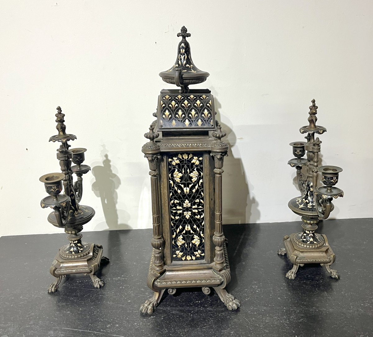 19th Century Bronze And Enamel Clock Set-photo-4