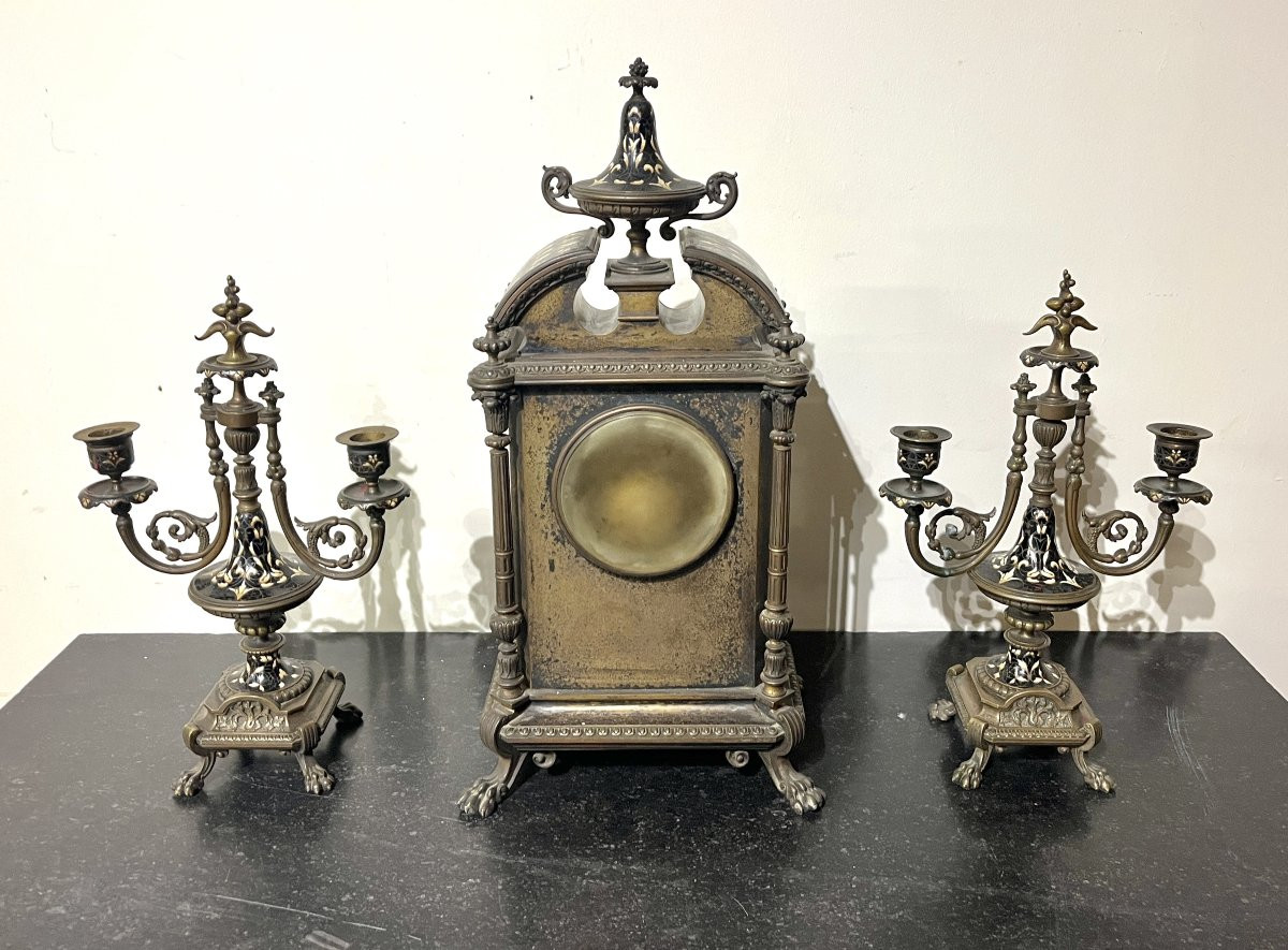 19th Century Bronze And Enamel Clock Set-photo-5