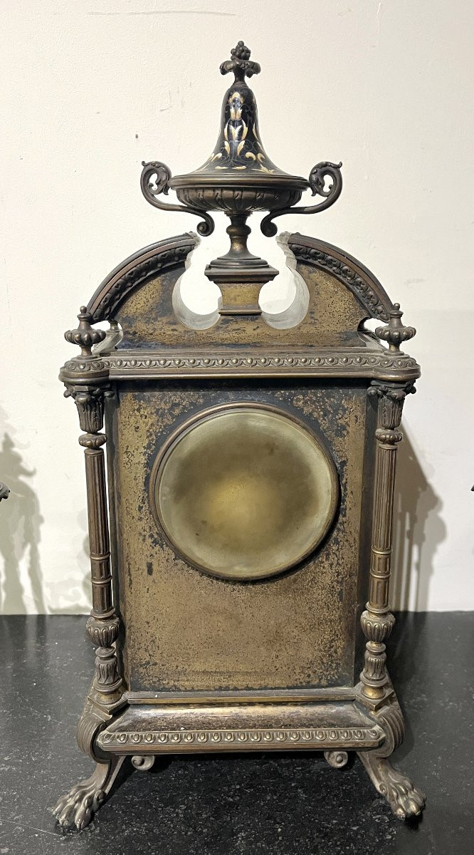 19th Century Bronze And Enamel Clock Set-photo-6