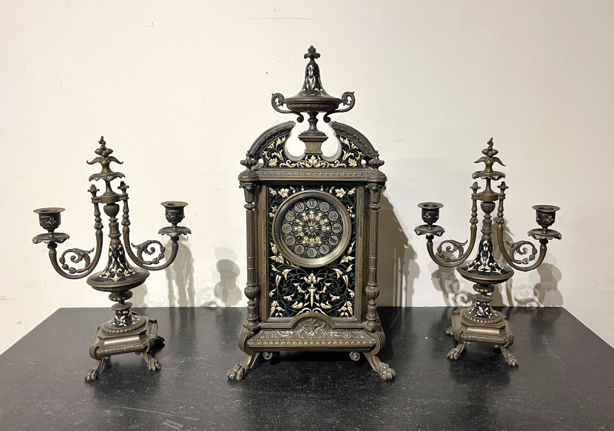 19th Century Bronze And Enamel Clock Set