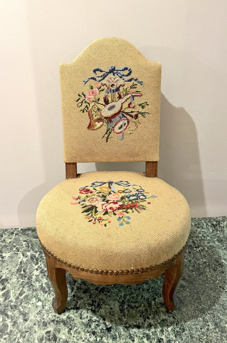 Louis XV Style Children's Chair With Tapestry And Musical Instruments-photo-2
