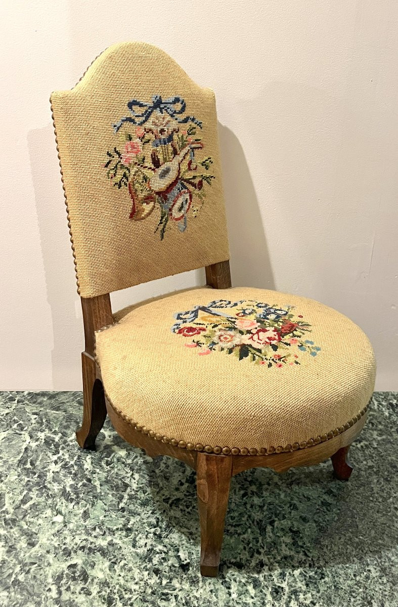 Louis XV Style Children's Chair With Tapestry And Musical Instruments-photo-4