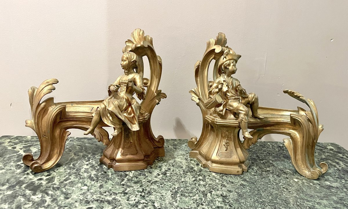 Pair Of 19th-century Gilt Bronze Andirons Representing Children-photo-2