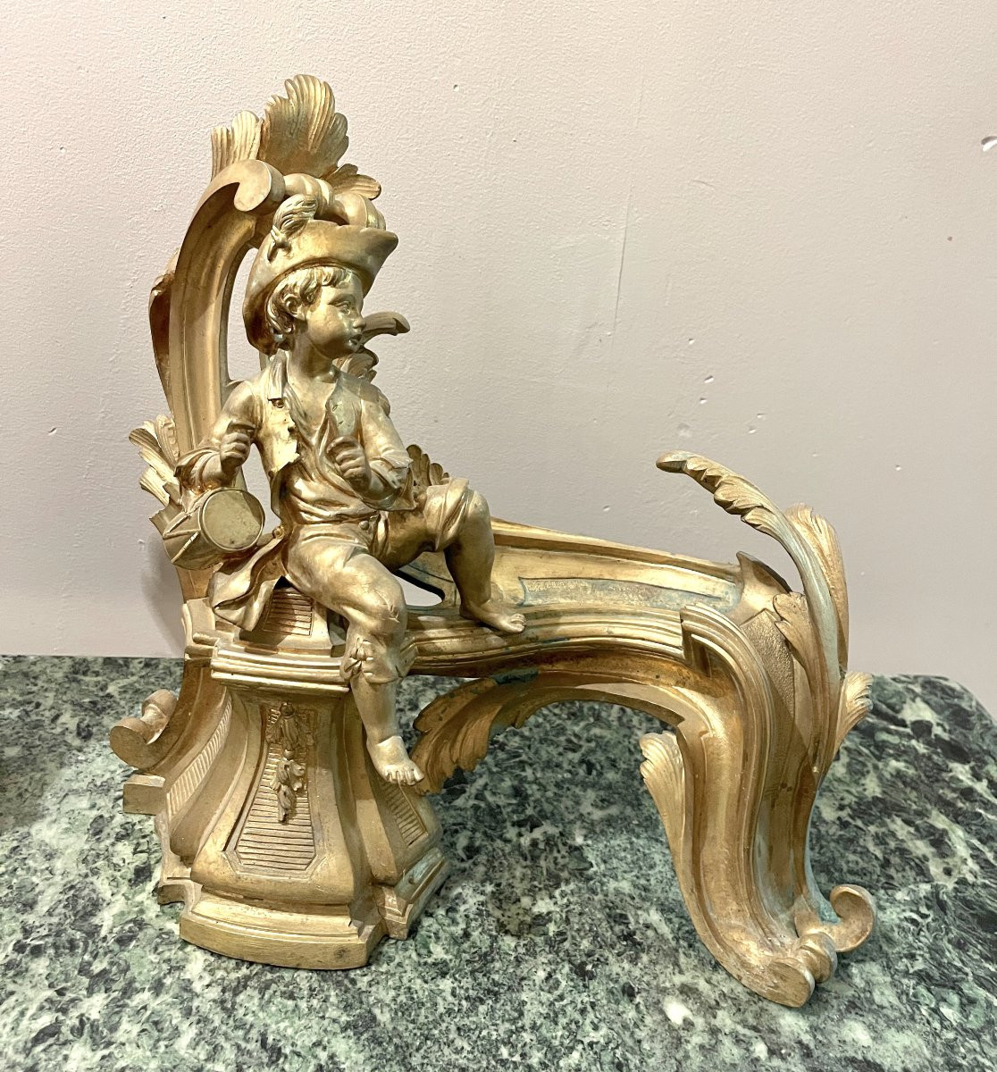 Pair Of 19th-century Gilt Bronze Andirons Representing Children-photo-4