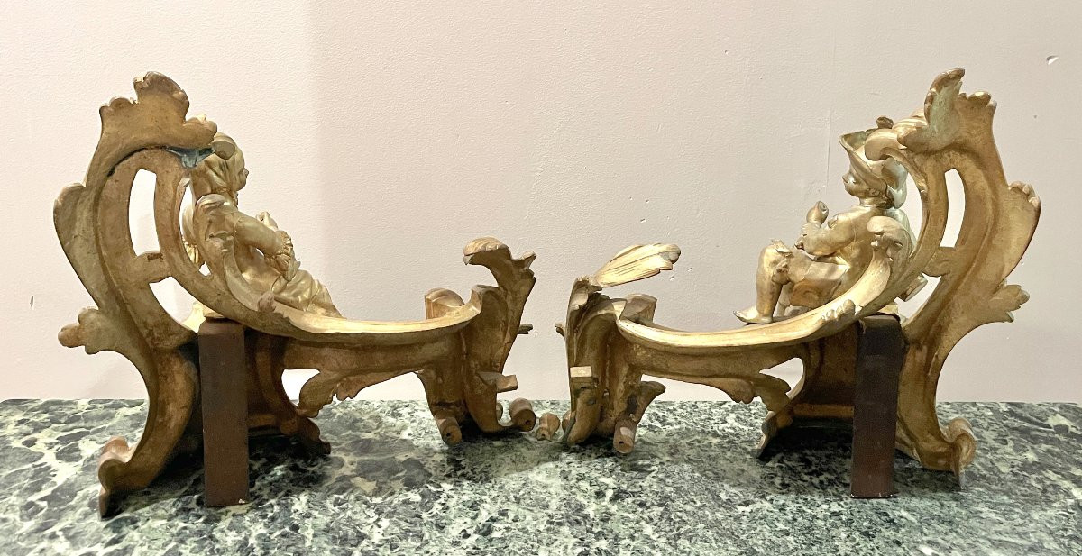 Pair Of 19th-century Gilt Bronze Andirons Representing Children-photo-1