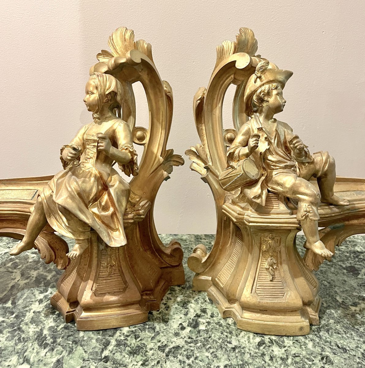 Pair Of 19th-century Gilt Bronze Andirons Representing Children-photo-6