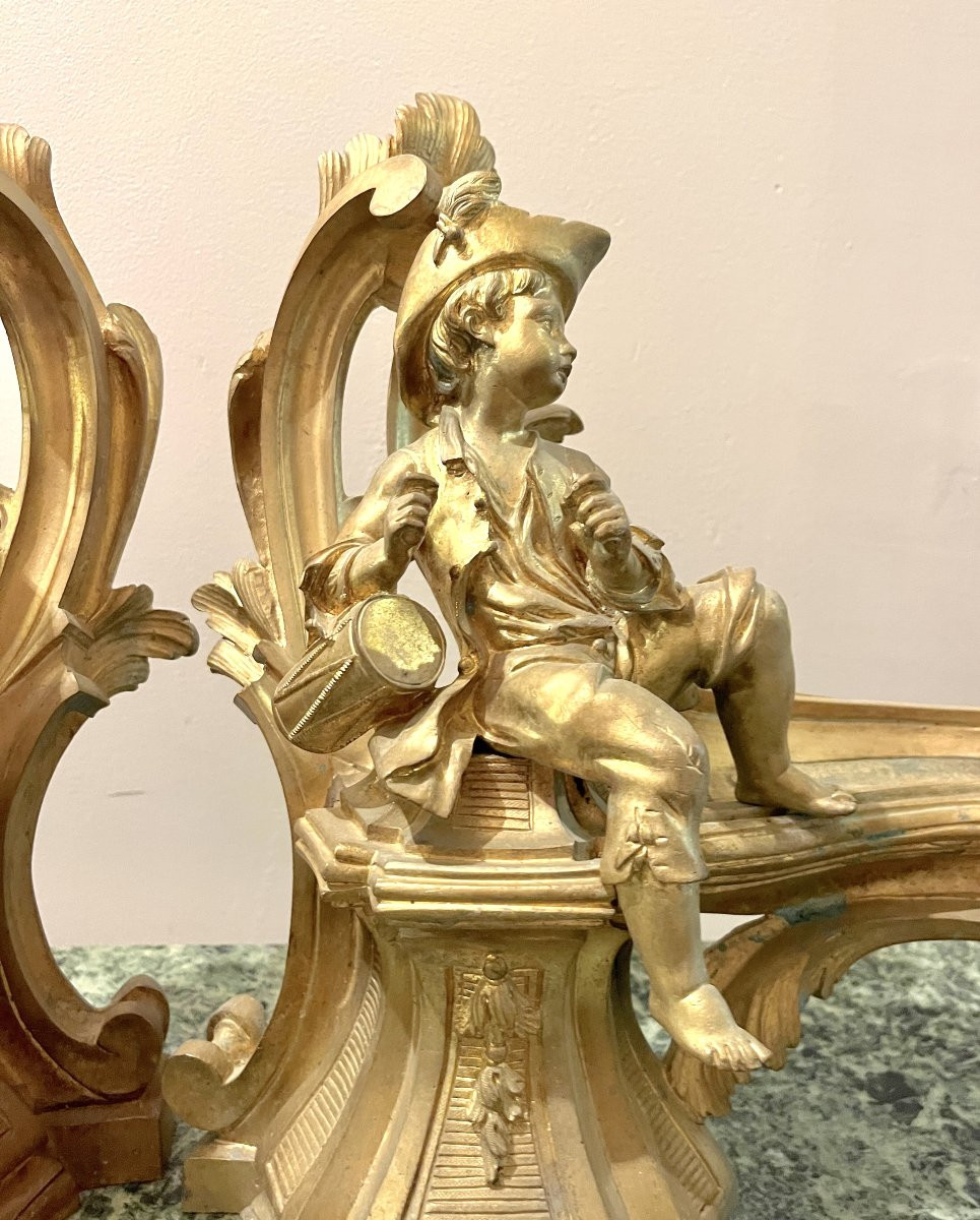 Pair Of 19th-century Gilt Bronze Andirons Representing Children-photo-8