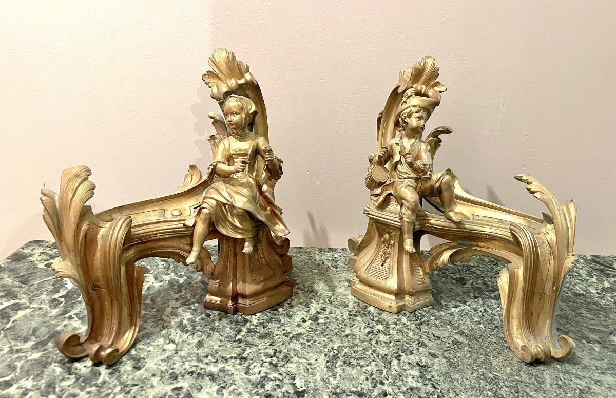 Pair Of 19th-century Gilt Bronze Andirons Representing Children