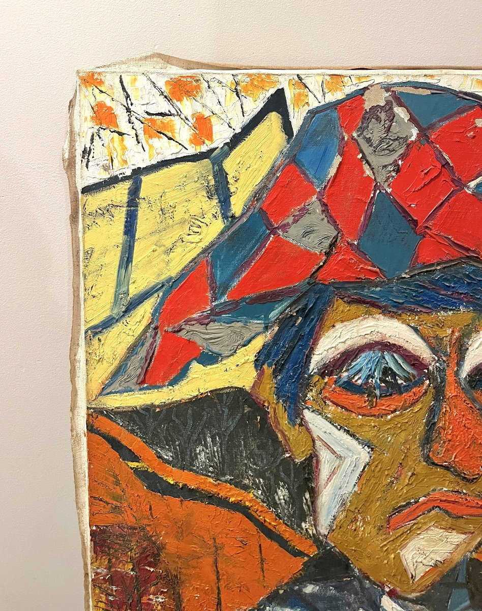 Caricature d'arlequin huile sur toile XXème-photo-2