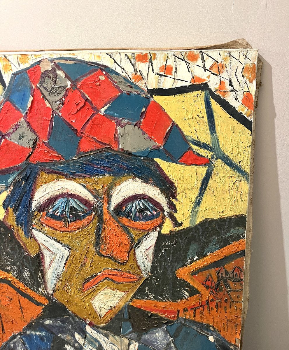 Caricature d'arlequin huile sur toile XXème-photo-3