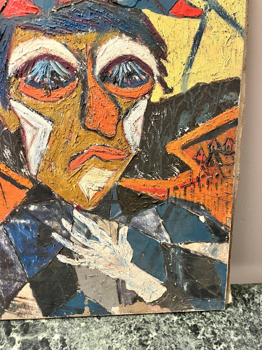 Caricature d'arlequin huile sur toile XXème-photo-4