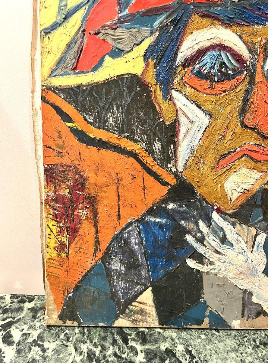 Caricature d'arlequin huile sur toile XXème-photo-1